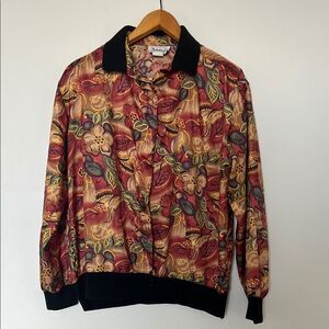 Vintage Notations Floral Satin Bomber Jacket Black Trim Fits Like Medium